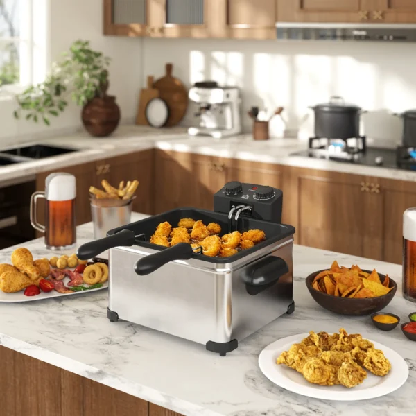 Friteuse met 5l capaciteit, instelbare temperatuur & timer, olie friteuse met afneembare olie container, kijkvenster, oververhittingsbeveiliging, 2000 w roestvrij staal zilver 2