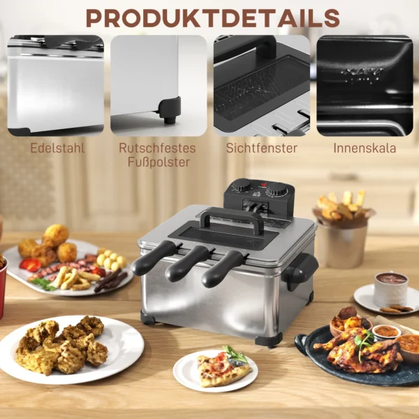 Friteuse met 5l capaciteit, instelbare temperatuur & timer, olie friteuse met afneembare olie container, kijkvenster, oververhittingsbeveiliging, 2000 w roestvrij staal zilver 6