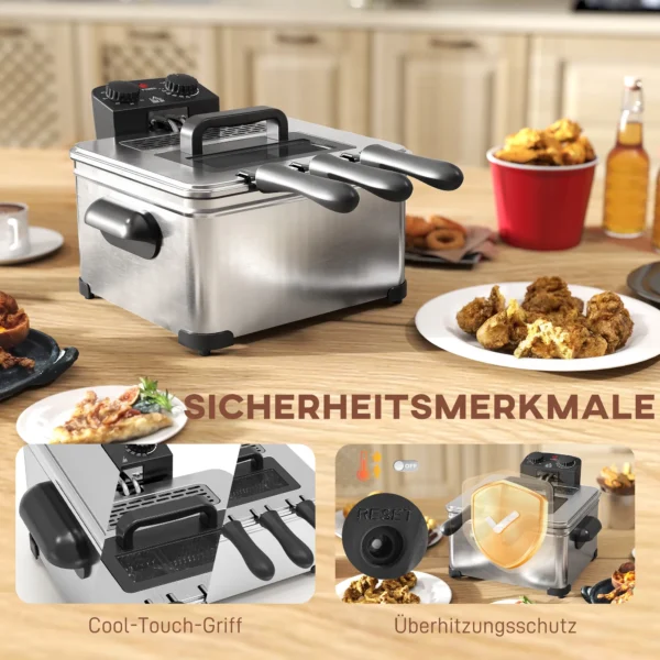 Friteuse met 5l capaciteit, instelbare temperatuur & timer, olie friteuse met afneembare olie container, kijkvenster, oververhittingsbeveiliging, 2000 w roestvrij staal zilver 7