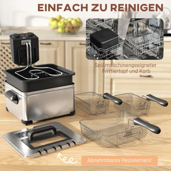 Friteuse met 5l capaciteit, instelbare temperatuur & timer, olie friteuse met afneembare olie container, kijkvenster, oververhittingsbeveiliging, 2000 w roestvrij staal zilver 8