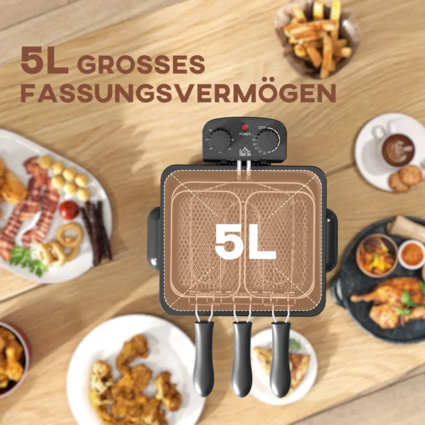 Friteuse met 5l capaciteit, instelbare temperatuur & timer, olie friteuse met afneembare olie container, kijkvenster, oververhittingsbeveiliging, 2000 w roestvrij staal zilver 9