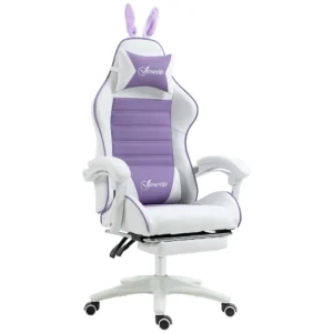 Gaming stoel ergonomische gamer stoel met lendensteun, voetensteun, gaming fauteuil met konijnenoren, hoofdkussen, bureaustoel met verstelbare rugleuning ligfunctie paars 1