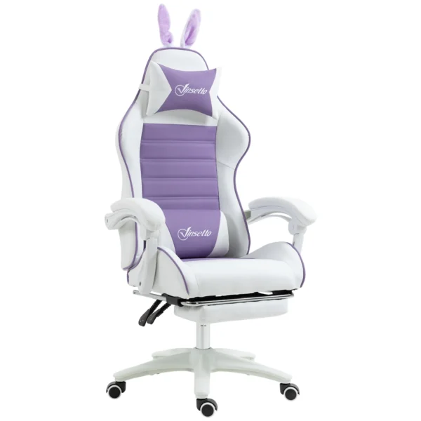 Gaming stoel ergonomische gamer stoel met lendensteun, voetensteun, gaming fauteuil met konijnenoren, hoofdkussen, bureaustoel met verstelbare rugleuning ligfunctie paars 1