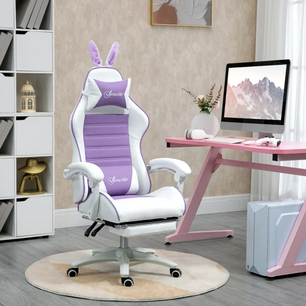 Gaming stoel ergonomische gamer stoel met lendensteun, voetensteun, gaming fauteuil met konijnenoren, hoofdkussen, bureaustoel met verstelbare rugleuning ligfunctie paars 2