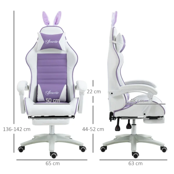 Gaming stoel ergonomische gamer stoel met lendensteun, voetensteun, gaming fauteuil met konijnenoren, hoofdkussen, bureaustoel met verstelbare rugleuning ligfunctie paars 4