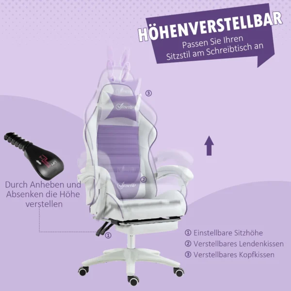 Gaming stoel ergonomische gamer stoel met lendensteun, voetensteun, gaming fauteuil met konijnenoren, hoofdkussen, bureaustoel met verstelbare rugleuning ligfunctie paars 6