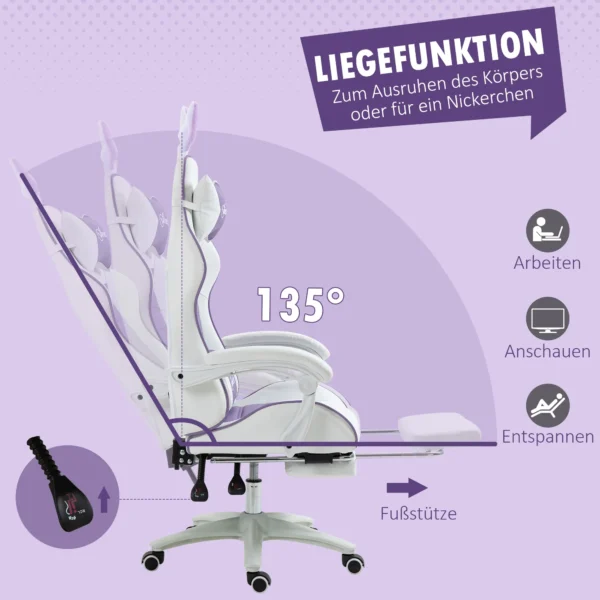 Gaming stoel ergonomische gamer stoel met lendensteun, voetensteun, gaming fauteuil met konijnenoren, hoofdkussen, bureaustoel met verstelbare rugleuning ligfunctie paars 7