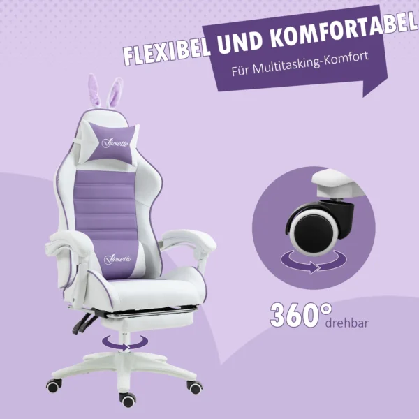 Gaming stoel ergonomische gamer stoel met lendensteun, voetensteun, gaming fauteuil met konijnenoren, hoofdkussen, bureaustoel met verstelbare rugleuning ligfunctie paars 8