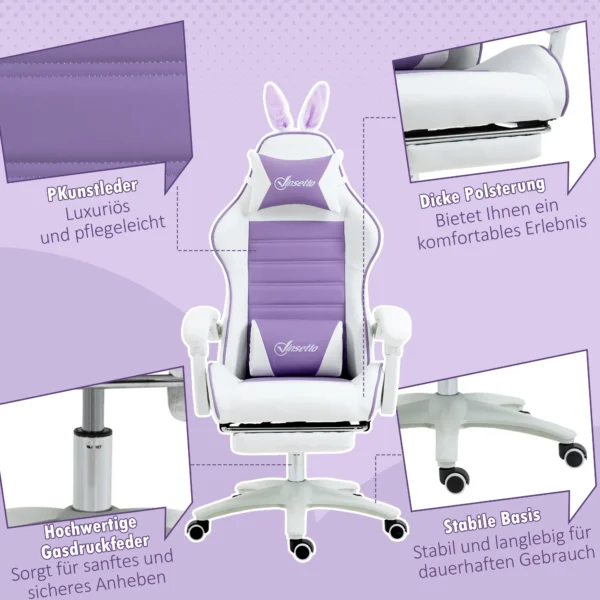 Gaming stoel ergonomische gamer stoel met lendensteun, voetensteun, gaming fauteuil met konijnenoren, hoofdkussen, bureaustoel met verstelbare rugleuning ligfunctie paars 9