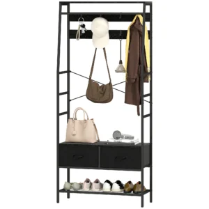 Garderoberek, kledingrek met schoenenrek, 2 stoffen lades, garderobe met 8 haken, plank, jasrek met kiepbeveiliging, voor entree, gang, slaapkamer, zwart 1