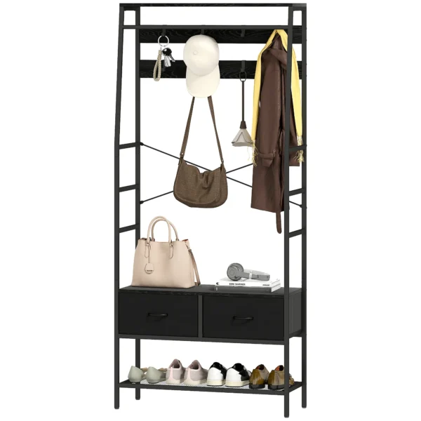 Garderoberek, kledingrek met schoenenrek, 2 stoffen lades, garderobe met 8 haken, plank, jasrek met kiepbeveiliging, voor entree, gang, slaapkamer, zwart 1