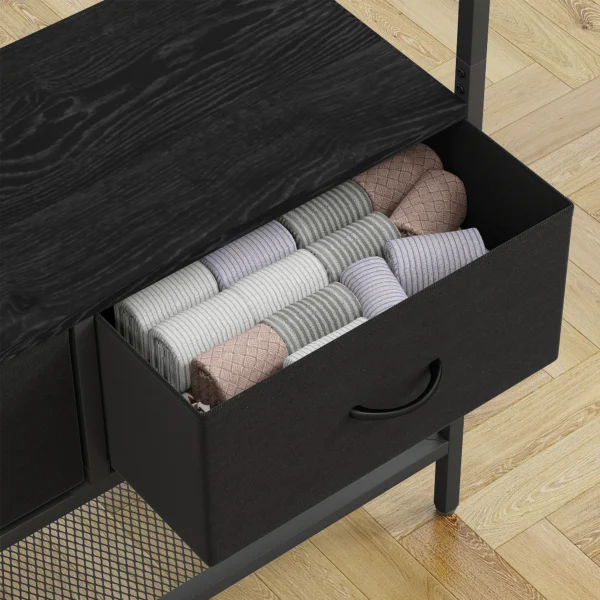 Garderoberek, kledingrek met schoenenrek, 2 stoffen lades, garderobe met 8 haken, plank, jasrek met kiepbeveiliging, voor entree, gang, slaapkamer, zwart 10