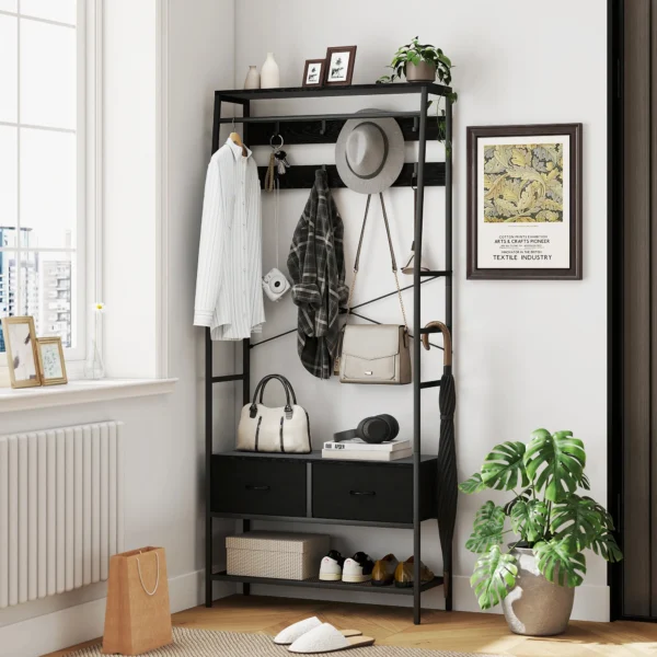 Garderoberek, kledingrek met schoenenrek, 2 stoffen lades, garderobe met 8 haken, plank, jasrek met kiepbeveiliging, voor entree, gang, slaapkamer, zwart 2
