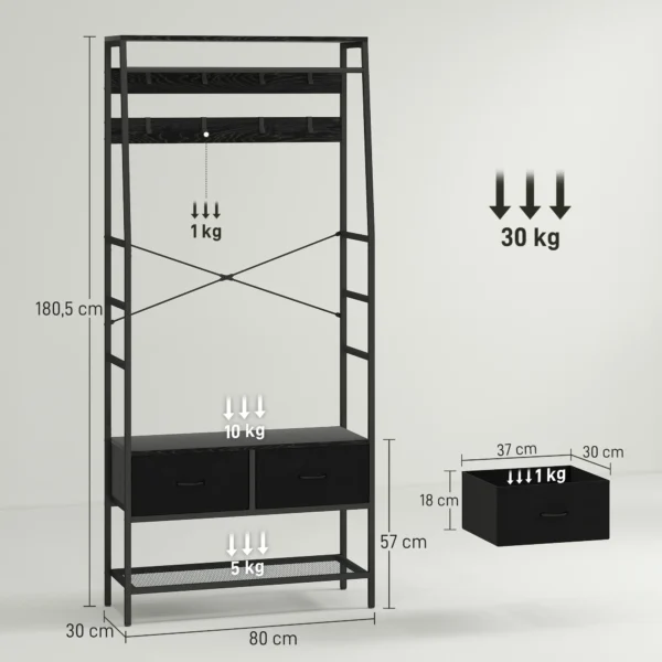 Garderoberek, kledingrek met schoenenrek, 2 stoffen lades, garderobe met 8 haken, plank, jasrek met kiepbeveiliging, voor entree, gang, slaapkamer, zwart 4