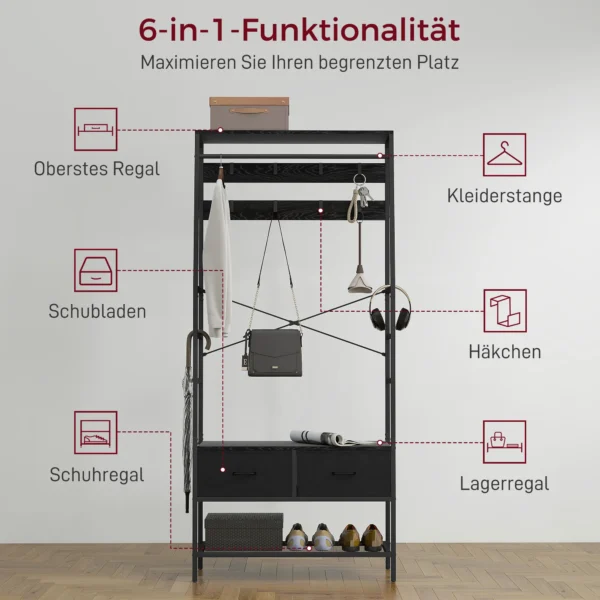 Garderoberek, kledingrek met schoenenrek, 2 stoffen lades, garderobe met 8 haken, plank, jasrek met kiepbeveiliging, voor entree, gang, slaapkamer, zwart 5