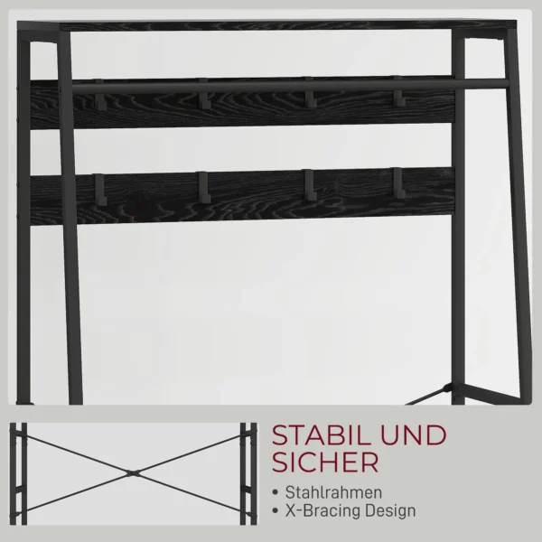 Garderoberek, kledingrek met schoenenrek, 2 stoffen lades, garderobe met 8 haken, plank, jasrek met kiepbeveiliging, voor entree, gang, slaapkamer, zwart 6