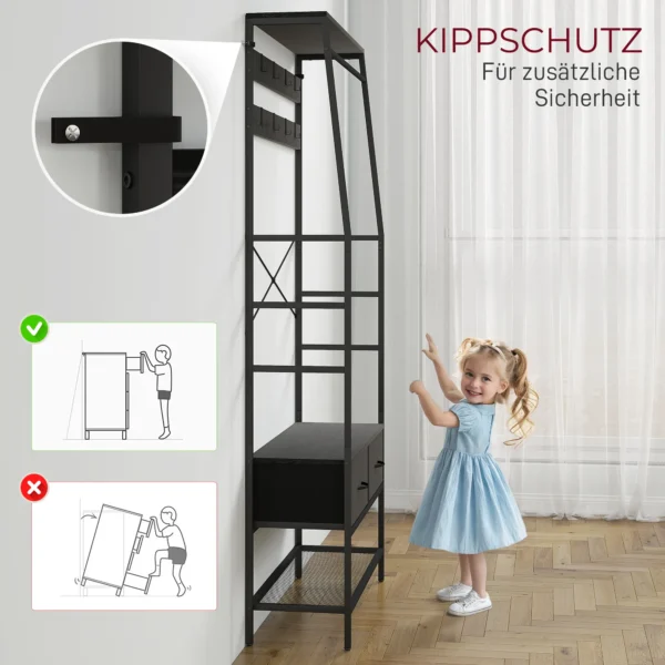 Garderoberek, kledingrek met schoenenrek, 2 stoffen lades, garderobe met 8 haken, plank, jasrek met kiepbeveiliging, voor entree, gang, slaapkamer, zwart 7