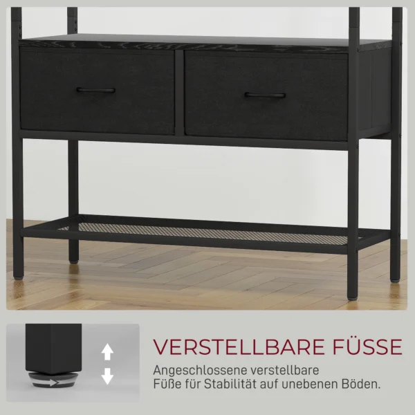 Garderoberek, kledingrek met schoenenrek, 2 stoffen lades, garderobe met 8 haken, plank, jasrek met kiepbeveiliging, voor entree, gang, slaapkamer, zwart 8