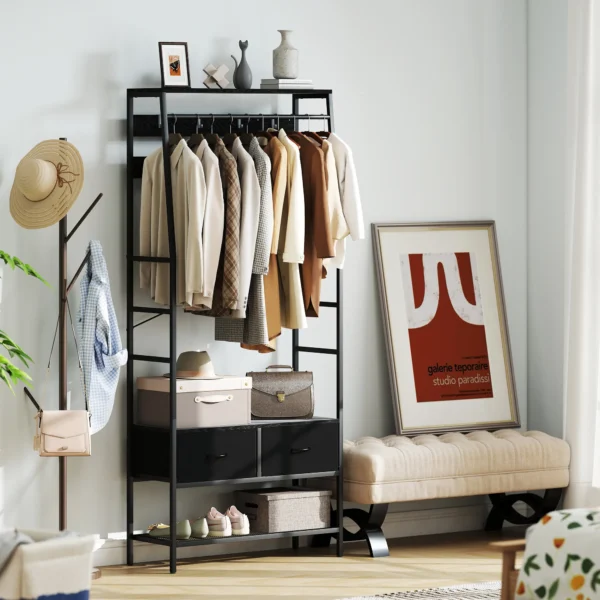 Garderoberek, kledingrek met schoenenrek, 2 stoffen lades, garderobe met 8 haken, plank, jasrek met kiepbeveiliging, voor entree, gang, slaapkamer, zwart 9