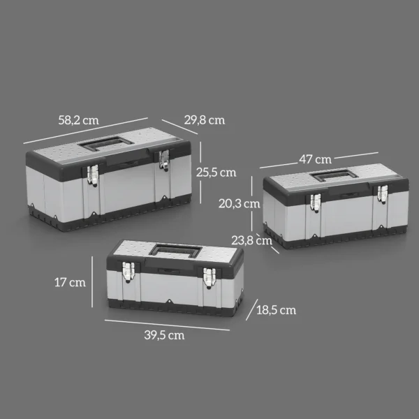 Gereedschapskoffer 3 delige set leeg gereedschapskist gereedschapskist met afneembaar dienblad, handgrepen, sluitingen, gereedschapsdoos gemaakt van roestvrij staal, zwart+zilver 4