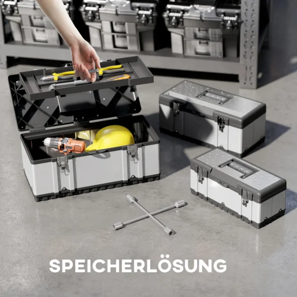 Gereedschapskoffer 3 delige set leeg gereedschapskist gereedschapskist met afneembaar dienblad, handgrepen, sluitingen, gereedschapsdoos gemaakt van roestvrij staal, zwart+zilver 5