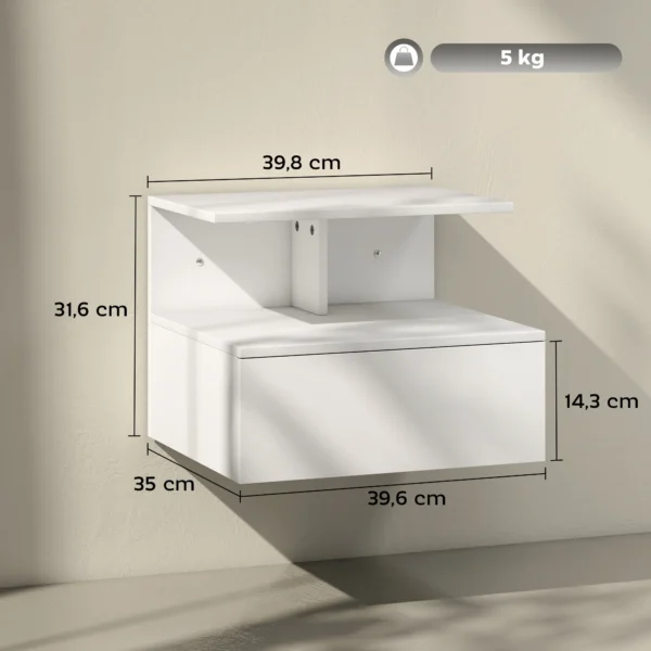 Hangende nachtkastje bijzettafel met lade, open vak, nachtkastje nachtkastje salontafel voor slaapkamer, woonkamer, wit, 39,8 x 35 x 31,6 cm 4