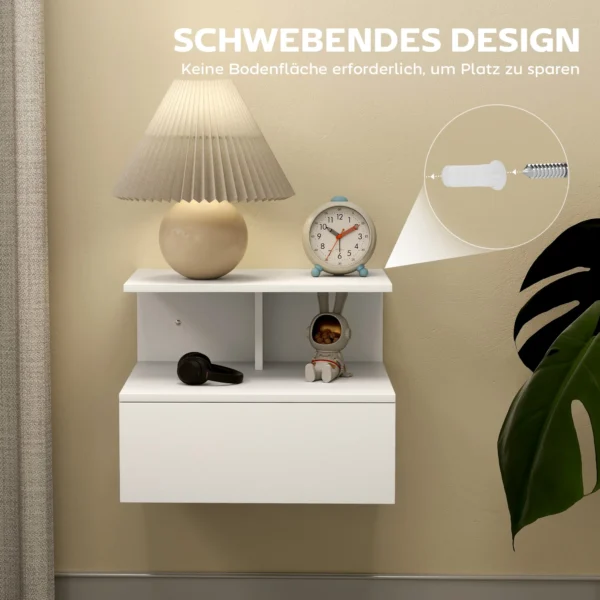 Hangende nachtkastje bijzettafel met lade, open vak, nachtkastje nachtkastje salontafel voor slaapkamer, woonkamer, wit, 39,8 x 35 x 31,6 cm 5