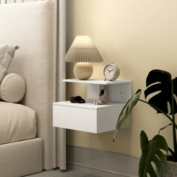Hangende nachtkastje bijzettafel met lade, open vak, nachtkastje nachtkastje salontafel voor slaapkamer, woonkamer, wit, 39,8 x 35 x 31,6 cm 7