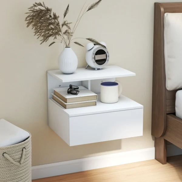 Hangende nachtkastje bijzettafel met lade, open vak, nachtkastje nachtkastje salontafel voor slaapkamer, woonkamer, wit, 39,8 x 35 x 31,6 cm 9