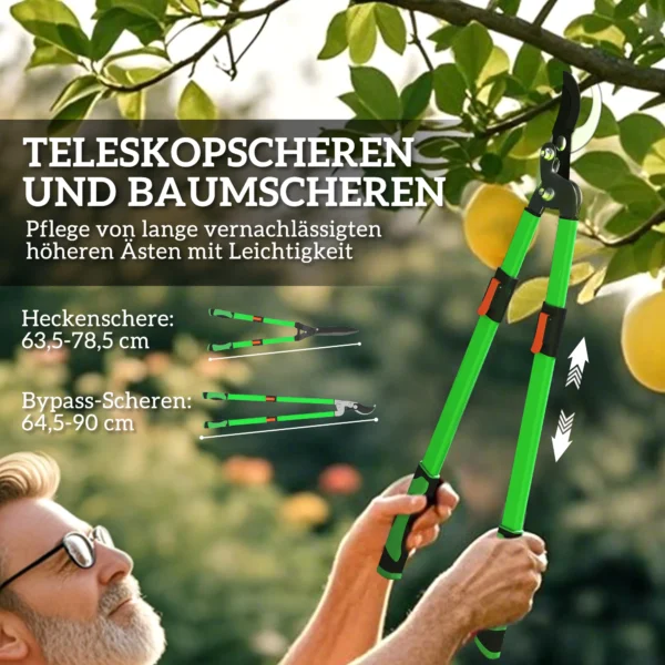 Heggenschaar set 2 delig tuinschaar meslengte 90 cm takkenschaar met anti aanbaklaag metalen messen, uitschuifbare handgreep, 78,5 cm heggenschaar voor het snoeien van heggen en takken 6
