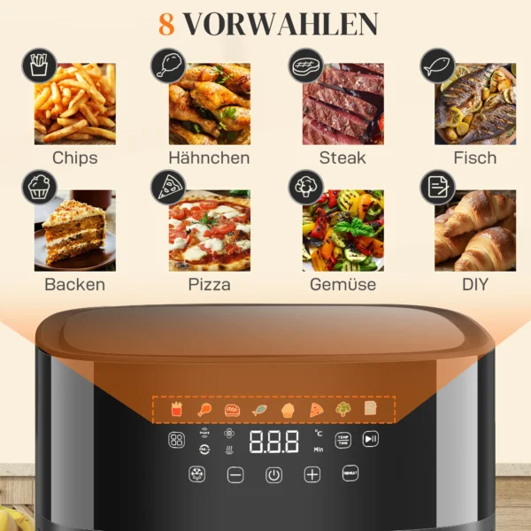 Heteluchtfriteuse 8l airfryer met 8 voorinstellingen, 60 min timer, 360° heteluchtcirculatie, 1700w friteuse zonder olie, met oververhittingsbeveiliging, led touch display, zwart 6