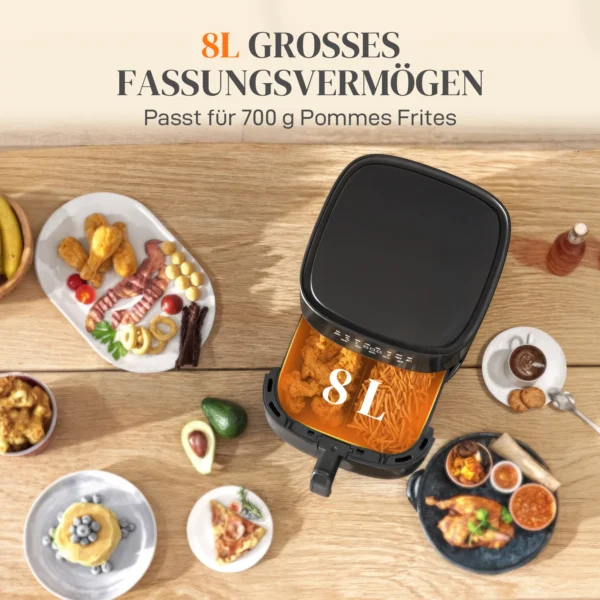 Heteluchtfriteuse 8l airfryer met 8 voorinstellingen, 60 min timer, 360° heteluchtcirculatie, 1700w friteuse zonder olie, met oververhittingsbeveiliging, led touch display, zwart 8