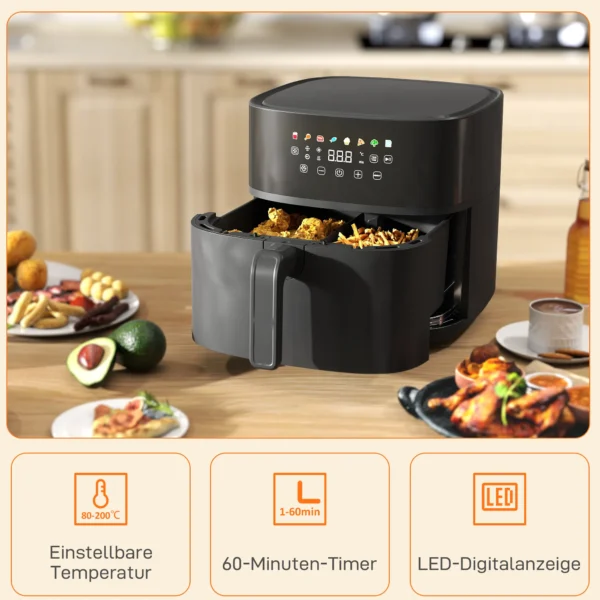 Heteluchtfriteuse 8l airfryer met 8 voorinstellingen, 60 min timer, 360° heteluchtcirculatie, 1700w friteuse zonder olie, met oververhittingsbeveiliging, led touch display, zwart 9