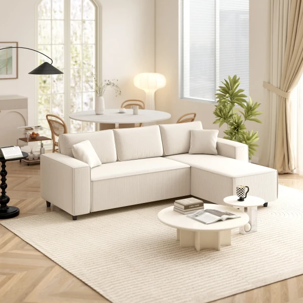 Hoekbank 3 zits bank in l vorm hoekbank met omkeerbare chaise longue 2 kussens veerpolster, hoekbank van corduroy woonlandschap voor woonkamer slaapkamer 241x153x83 cm crèmewit 10