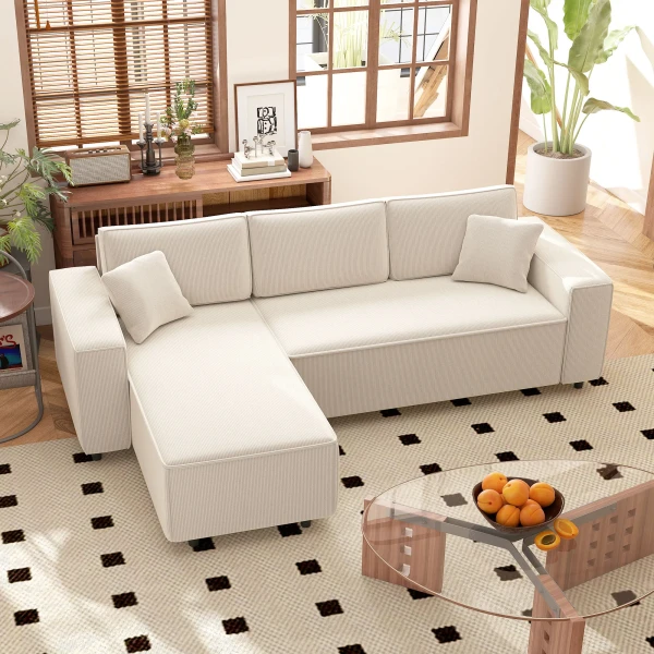 Hoekbank 3 zits bank in l vorm hoekbank met omkeerbare chaise longue 2 kussens veerpolster, hoekbank van corduroy woonlandschap voor woonkamer slaapkamer 241x153x83 cm crèmewit 2
