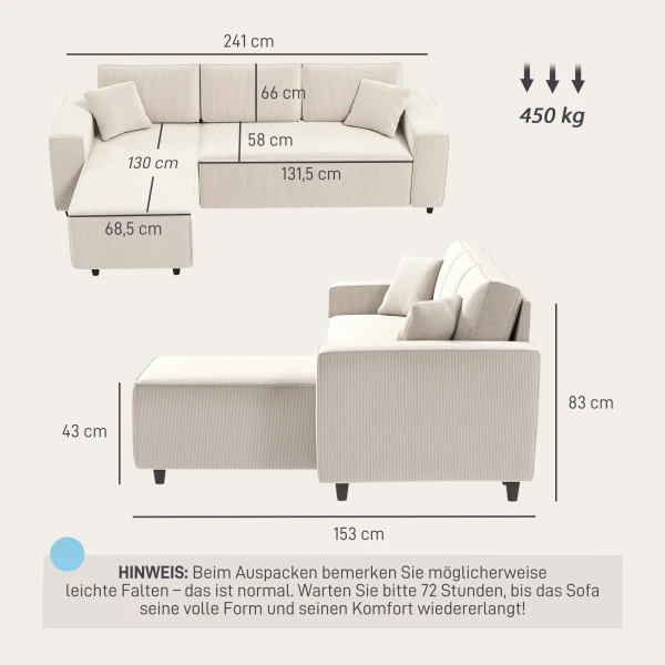 Hoekbank 3 zits bank in l vorm hoekbank met omkeerbare chaise longue 2 kussens veerpolster, hoekbank van corduroy woonlandschap voor woonkamer slaapkamer 241x153x83 cm crèmewit 4