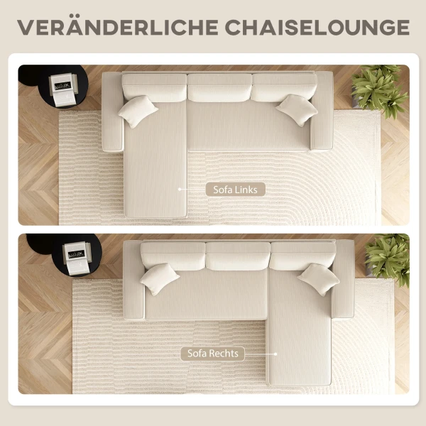 Hoekbank 3 zits bank in l vorm hoekbank met omkeerbare chaise longue 2 kussens veerpolster, hoekbank van corduroy woonlandschap voor woonkamer slaapkamer 241x153x83 cm crèmewit 5