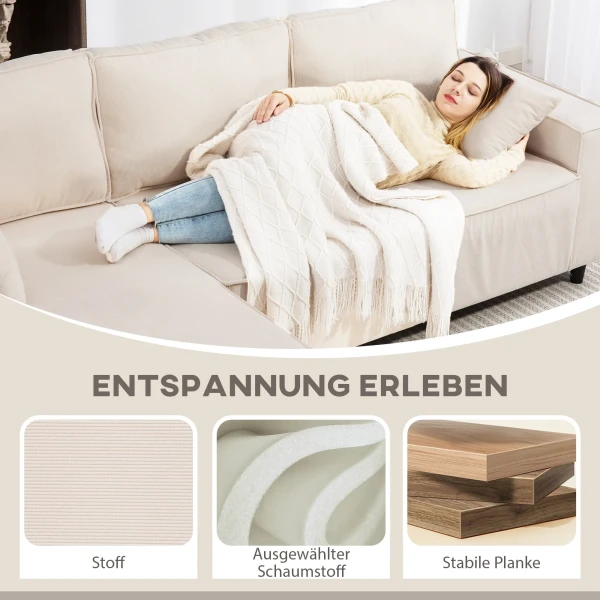 Hoekbank 3 zits bank in l vorm hoekbank met omkeerbare chaise longue 2 kussens veerpolster, hoekbank van corduroy woonlandschap voor woonkamer slaapkamer 241x153x83 cm crèmewit 6
