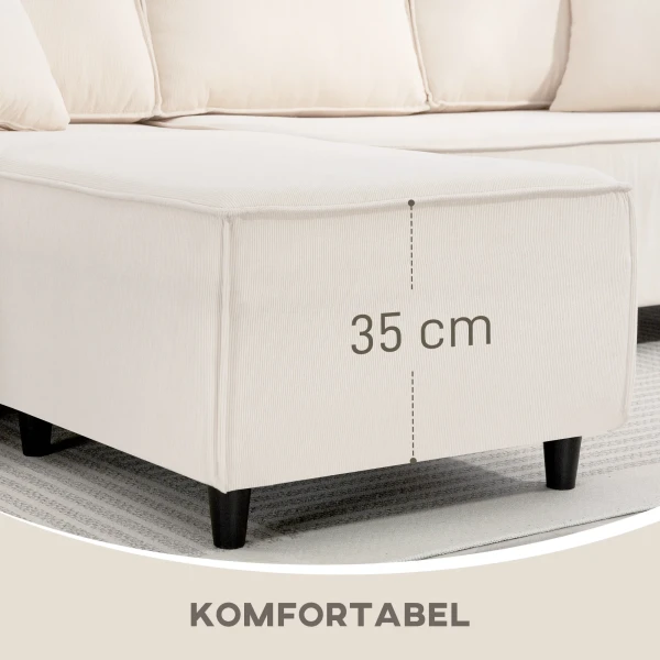 Hoekbank 3 zits bank in l vorm hoekbank met omkeerbare chaise longue 2 kussens veerpolster, hoekbank van corduroy woonlandschap voor woonkamer slaapkamer 241x153x83 cm crèmewit 7