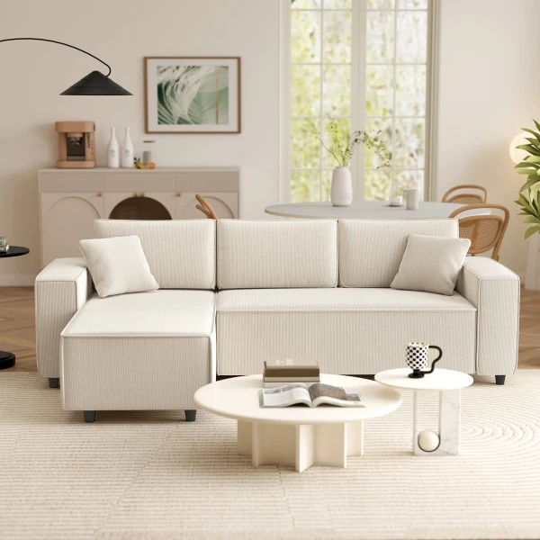 Hoekbank 3 zits bank in l vorm hoekbank met omkeerbare chaise longue 2 kussens veerpolster, hoekbank van corduroy woonlandschap voor woonkamer slaapkamer 241x153x83 cm crèmewit 9