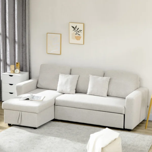 Hoekbank met bedfunctie, hoekbank inclusief 2 zitsbank, eenpersoonsbed, l vormige slaapbank met opbergruimte, 2 kussens in linnenlook voor woonkamer crèmewit 2