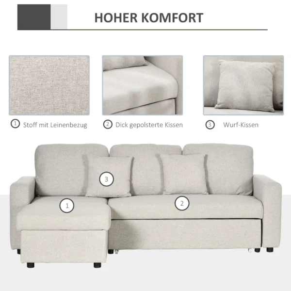 Hoekbank met bedfunctie, hoekbank inclusief 2 zitsbank, eenpersoonsbed, l vormige slaapbank met opbergruimte, 2 kussens in linnenlook voor woonkamer crèmewit 6