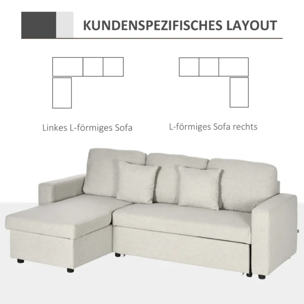 Hoekbank met bedfunctie, hoekbank inclusief 2 zitsbank, eenpersoonsbed, l vormige slaapbank met opbergruimte, 2 kussens in linnenlook voor woonkamer crèmewit 7
