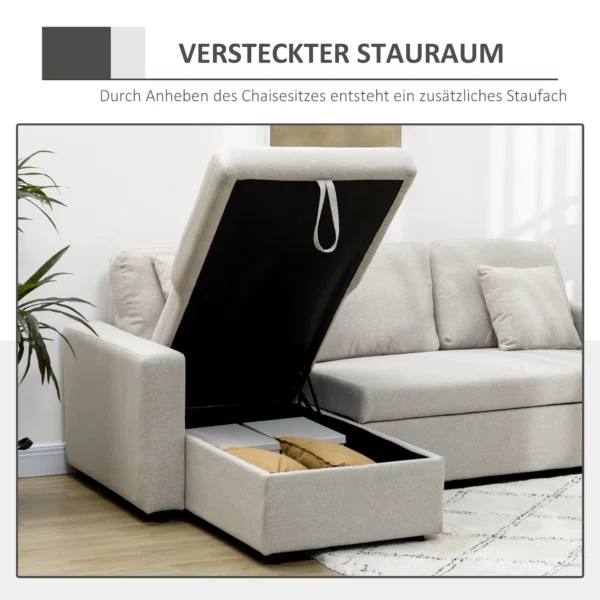 Hoekbank met bedfunctie, hoekbank inclusief 2 zitsbank, eenpersoonsbed, l vormige slaapbank met opbergruimte, 2 kussens in linnenlook voor woonkamer crèmewit 8
