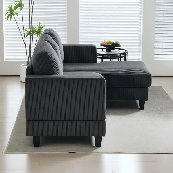 Hoekbank met chaise longue 3 zits bank l vorm gestoffeerde hoekbank met koord optiek, hoogdicht schuim, tot 400 kg, voor woonkamer, slaapkamer, 214 x 134 x 87 cm donkergrijs 10
