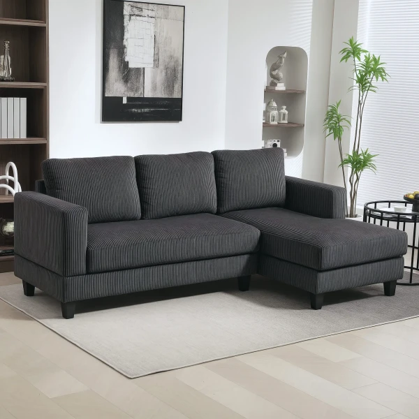 Hoekbank met chaise longue 3 zits bank l vorm gestoffeerde hoekbank met koord optiek, hoogdicht schuim, tot 400 kg, voor woonkamer, slaapkamer, 214 x 134 x 87 cm donkergrijs 2