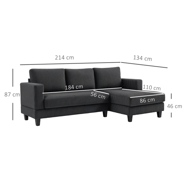 Hoekbank met chaise longue 3 zits bank l vorm gestoffeerde hoekbank met koord optiek, hoogdicht schuim, tot 400 kg, voor woonkamer, slaapkamer, 214 x 134 x 87 cm donkergrijs 4