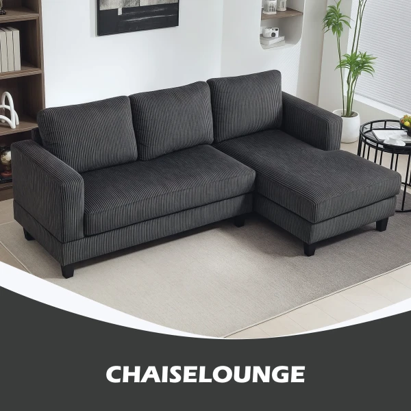 Hoekbank met chaise longue 3 zits bank l vorm gestoffeerde hoekbank met koord optiek, hoogdicht schuim, tot 400 kg, voor woonkamer, slaapkamer, 214 x 134 x 87 cm donkergrijs 5
