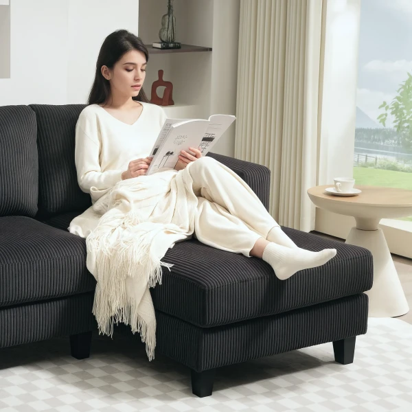 Hoekbank met chaise longue 3 zits bank l vorm gestoffeerde hoekbank met koord optiek, hoogdicht schuim, tot 400 kg, voor woonkamer, slaapkamer, 214 x 134 x 87 cm donkergrijs 9