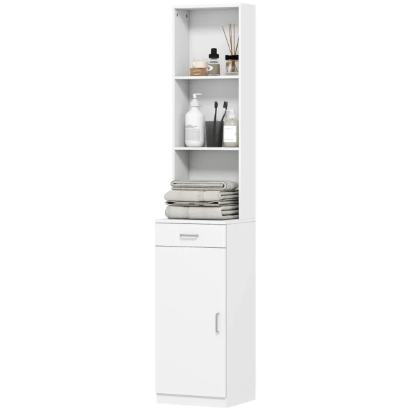 Hoge badkamerkast smalle hoge kast met lade, deur, verstelbare planken, voor badkamer, woonkamer 35 x 30,5 x 179 cm wit 1